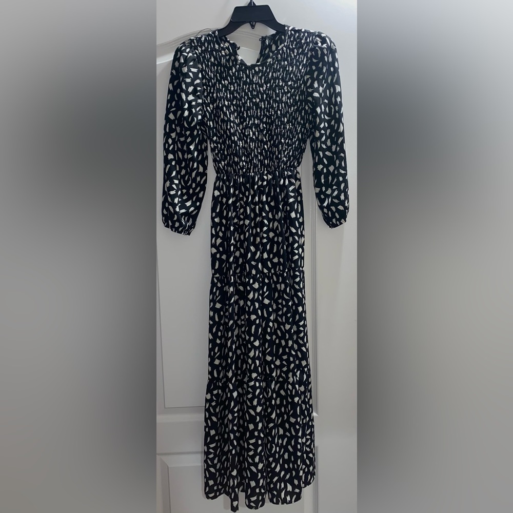 PRATO Black and White Smocked Midi Dress